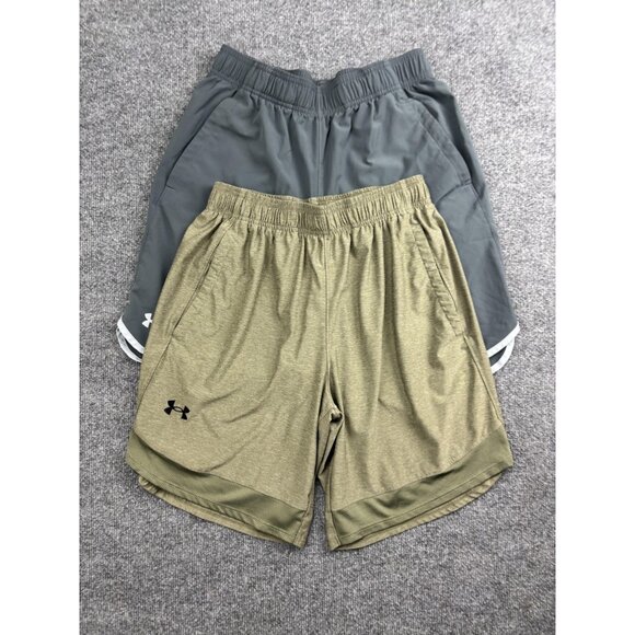Under Armour Shorts Mens Medium Gray Olive Athletic Training 2 Pack Loose Gym - Picture 1 of 8